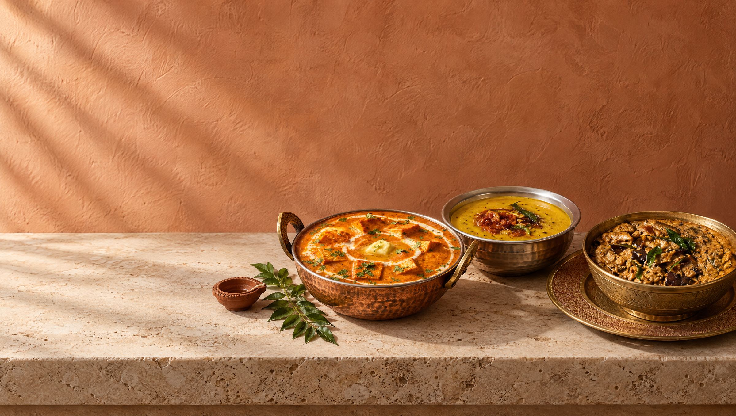 Paneer butter masala in a copper karahi, dal tadka and baingan ke salan on a travertine ledge against a terracotta wall, with a clay diya and curry leaves